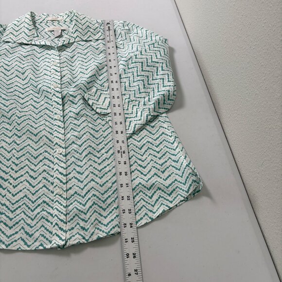 Chicos Button Up Top Size 0 US S Teal Green White Zig Zag 3/4 Sleeve No Iron - Picture 10 of 10